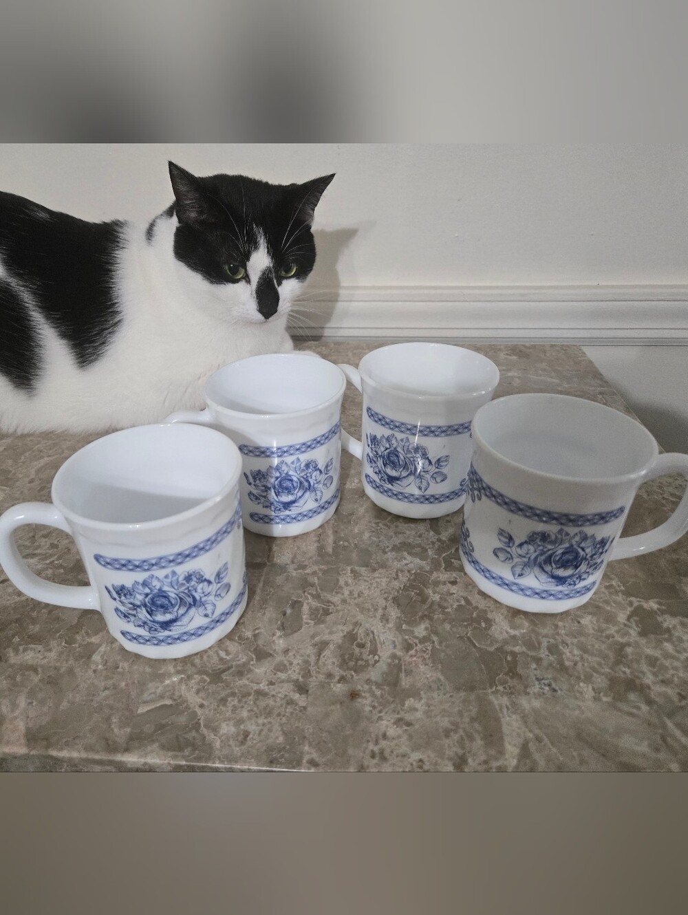 Vintage Arcopal France Honorine Milk Glass Mugs Coffee Cups Blue Rose - Set of 4